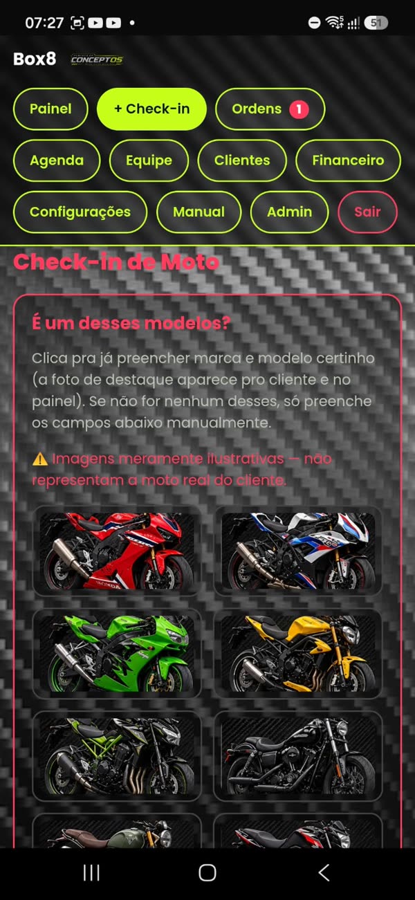 Tela de check-in de moto com galeria de modelos