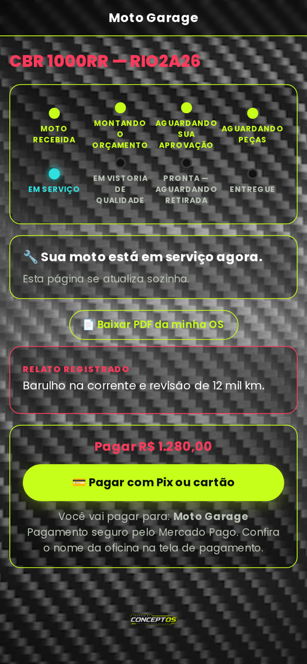 Página do cliente acompanhando o serviço da moto